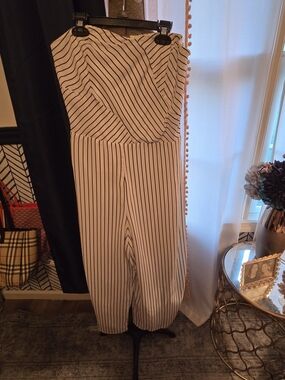 New York & Company Black and White Strapless Stripe Jumpsuit cropped